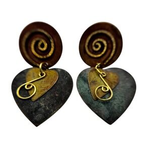Artisan Heart Dangle Earrings Spiral Top Copper Tone Brass Festival Boho D14Q